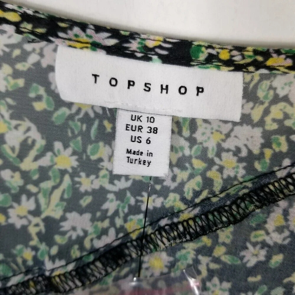 Topshop Women Green Floral Ruffle Long Sleeve Semi Sheer‎ Blouse Top 6